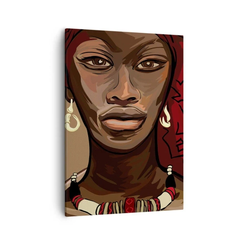 Cuadro sobre lienzo - Impresión de Imagen - Retrato de una mujer con un turbante rojo sobre un fondo beige - 50x70cm - Venus de ébano - Decoración de pared moderna para salón y dormitorio ARTTOR