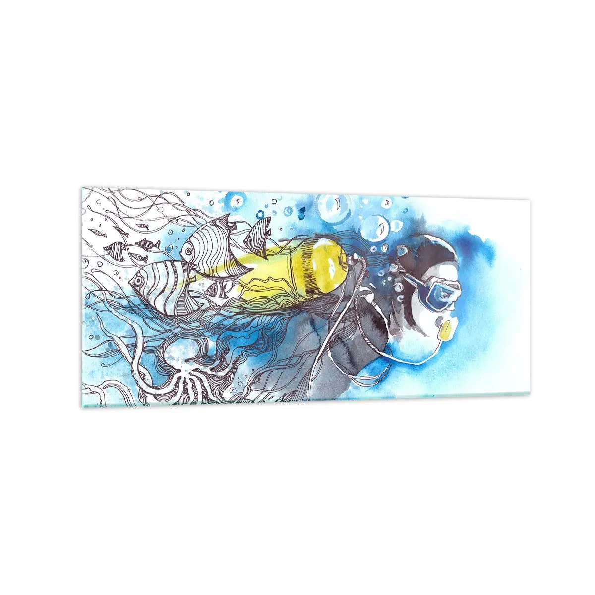 Cuadro sobre vidrio - Impresiones sobre Vidrio - Escena submarina con un buceador y peces exóticos. - 120x50cm - Sumergirse en lo desconocido - Decoración de pared moderna para salón y dormitorio ARTTOR