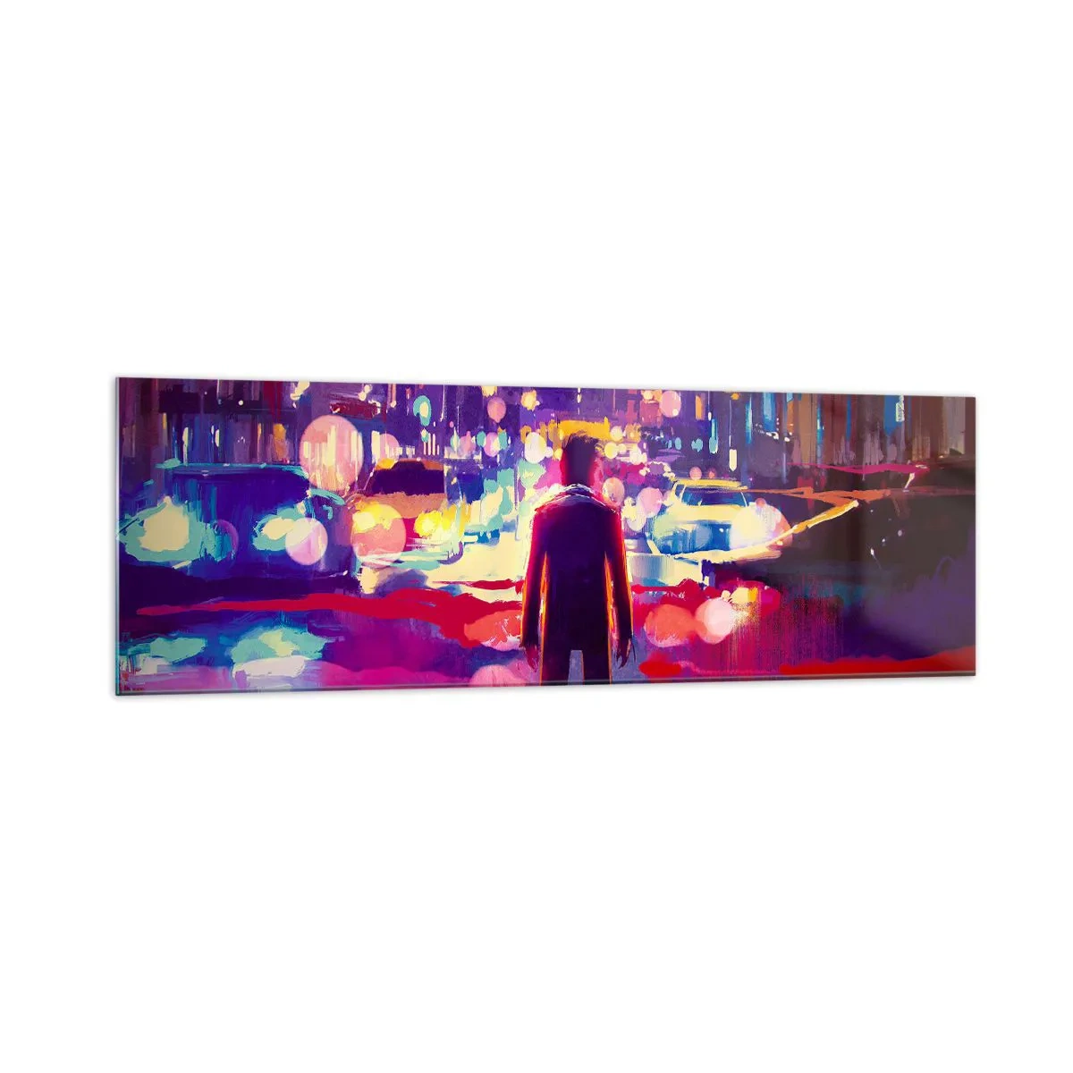 Cuadro sobre vidrio - Impresiones sobre Vidrio - Un hombre en una escena nocturna de la ciudad de neón. - 160x50cm - Inmerso en la luz - Decoración de pared moderna para salón y dormitorio ARTTOR
