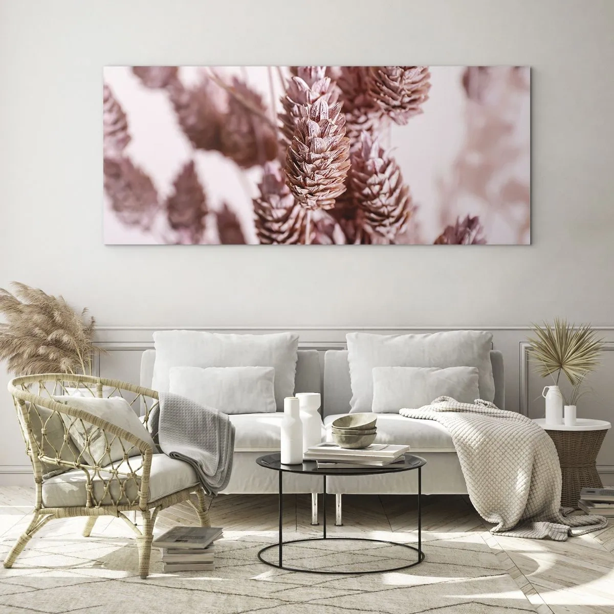 Cuadro sobre vidrio - Impresiones sobre Vidrio - Un primer plano de las delicadas espigas rosadas de las hierbas ornamentales. - 160x50cm - Aparentemente discreto - Decoración de pared moderna para salón y dormitorio ARTTOR