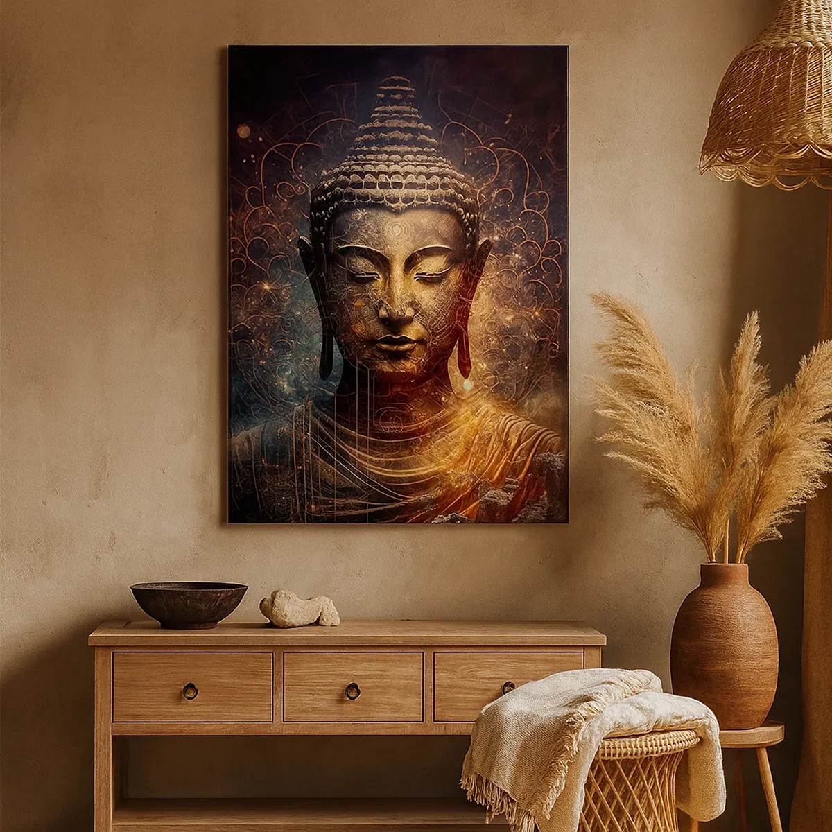 Cuadro sobre lienzo - Impresión de Imagen - Buda dorado sobre un fondo oscuro con adornos. - 50x70cm - Equilibrio espiritual - Decoración de pared moderna para salón y dormitorio ARTTOR