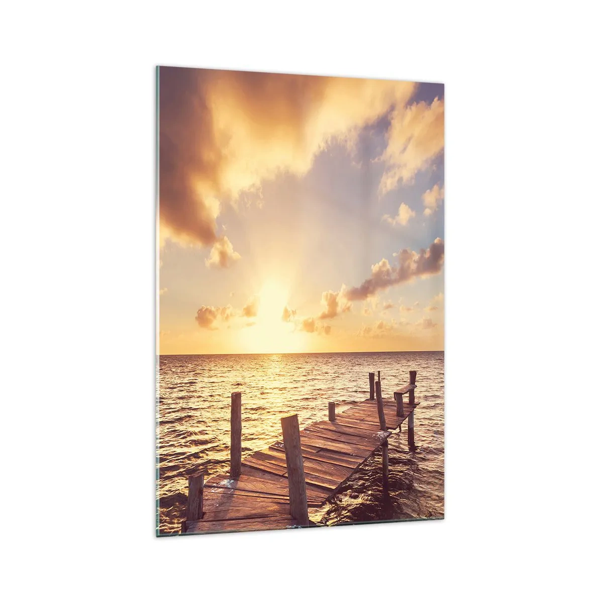 Cuadro sobre vidrio - Impresiones sobre Vidrio - Un embarcadero de madera que conduce hacia la puesta del sol. - 70x100cm - Una tierra dorada de dulzura - Decoración de pared moderna para salón y dormitorio ARTTOR