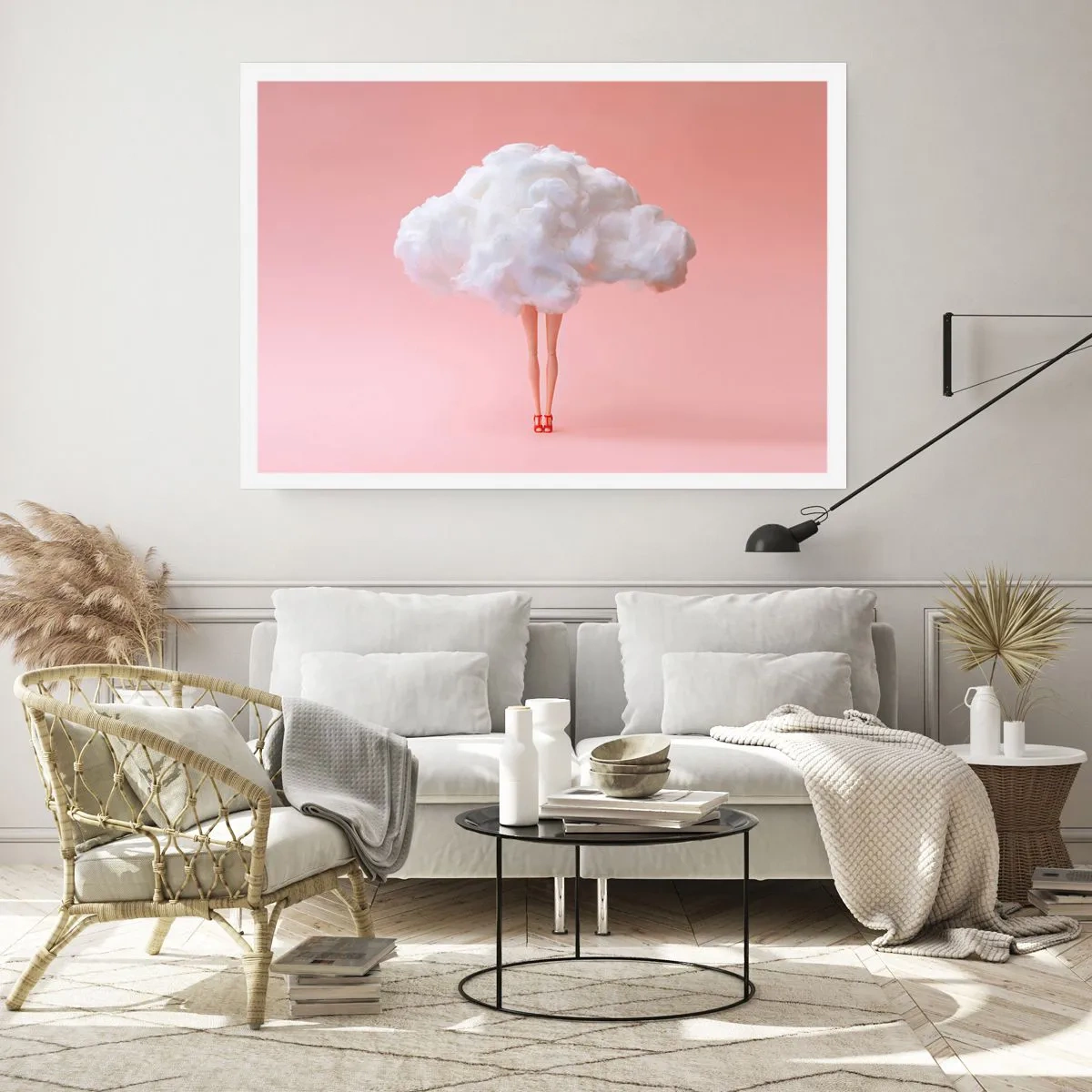 Póster - Piernas en una nube sobre un fondo rosa - 100x70cm - Dulce promesa - Decoración de pared moderna para salón y dormitorio ARTTOR