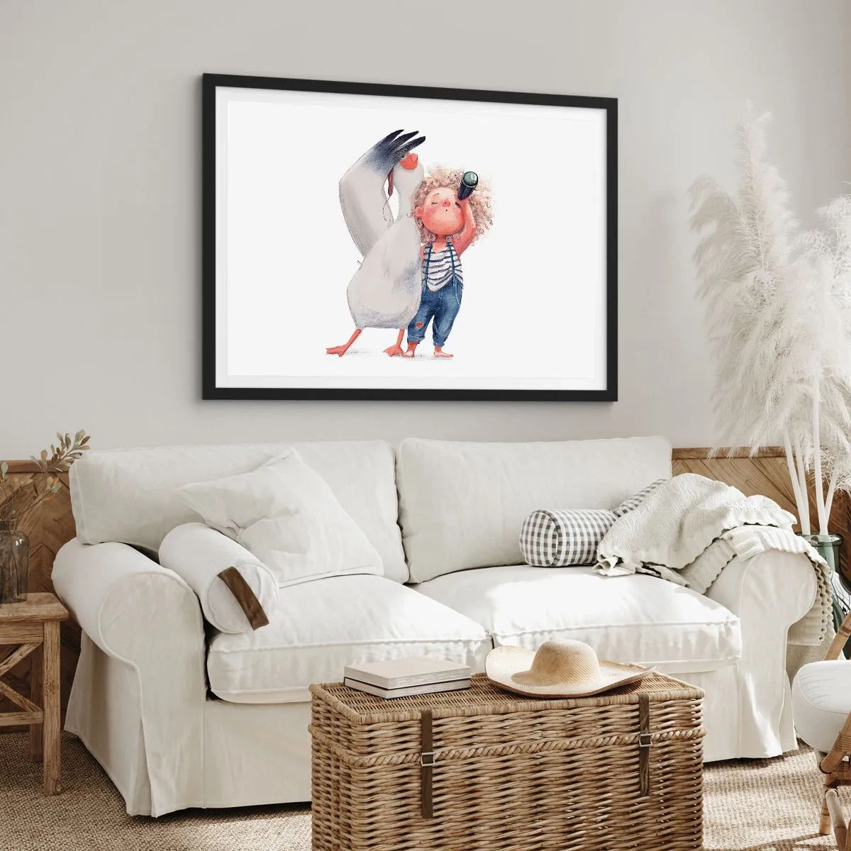 Póster en marco negro - Ilustración de un niño con un pelícano y un telescopio en la mano. - 100x70cm - Un plan para un gran viaje - Decoración de pared moderna para salón y dormitorio ARTTOR