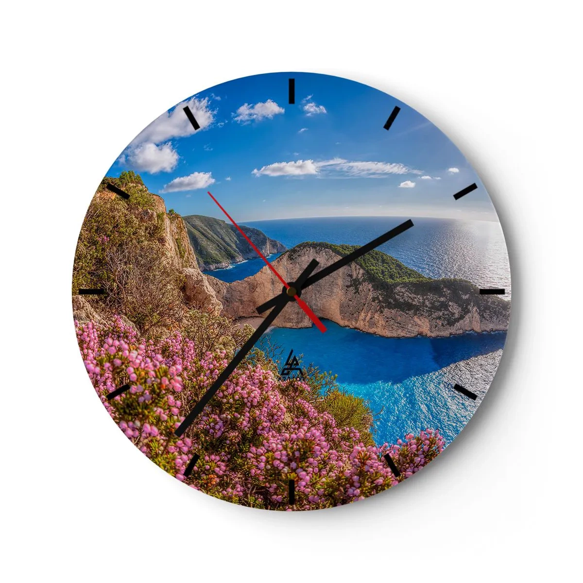 Reloj de pared - Reloj de vidrio - Vista del acantilado, mar azul y arbustos en flor en un día soleado. - 30x30cm - Mis grandes vacaciones en Grecia - Decoración de pared moderna para salón, cocina y dormitorio ARTTOR