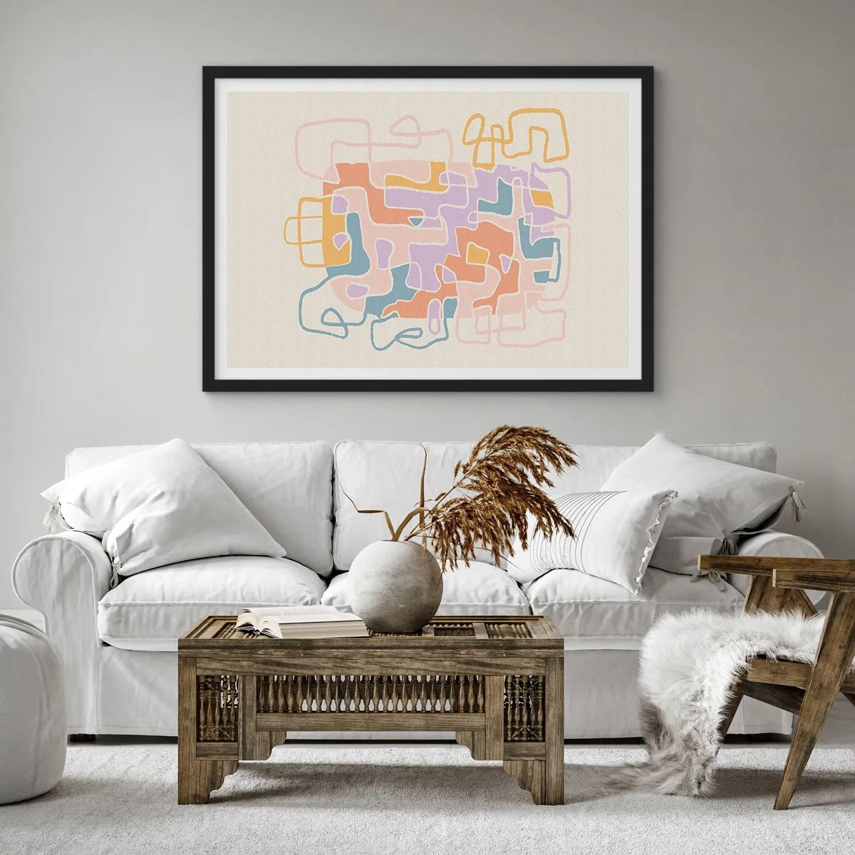 Póster en marco negro - Líneas abstractas pastel que crean patrones geométricos. - 70x50cm - Laberinto - una alegre aventura - Decoración de pared moderna para salón y dormitorio ARTTOR