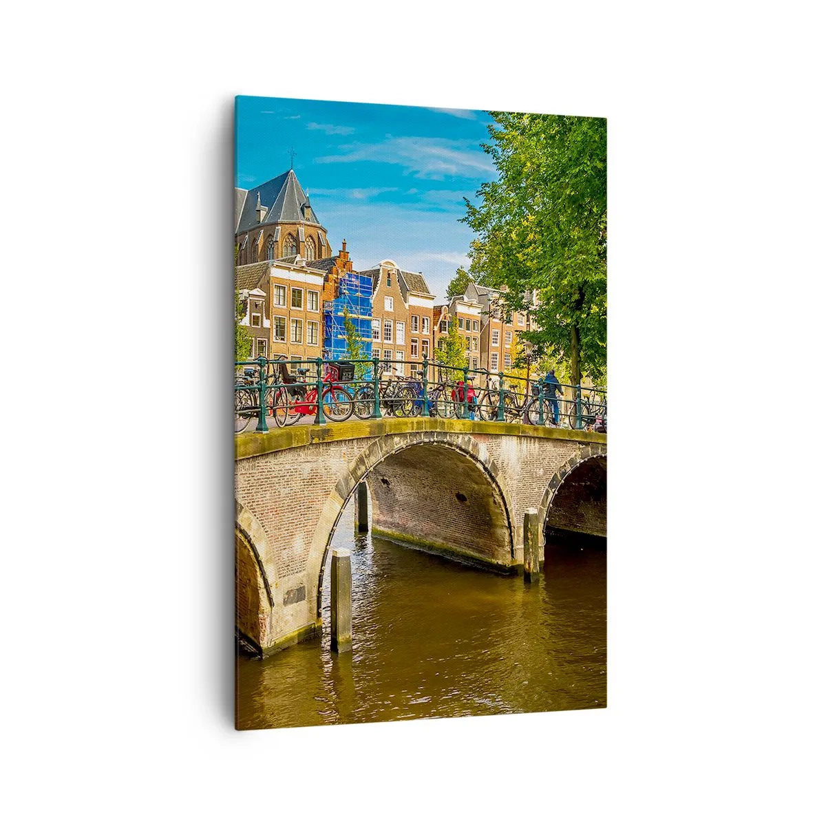 Cuadro sobre lienzo - Impresión de Imagen - Un pintoresco canal con un puente en Ámsterdam. - 80x120cm - Primavera en el canal - Decoración de pared moderna para salón y dormitorio ARTTOR