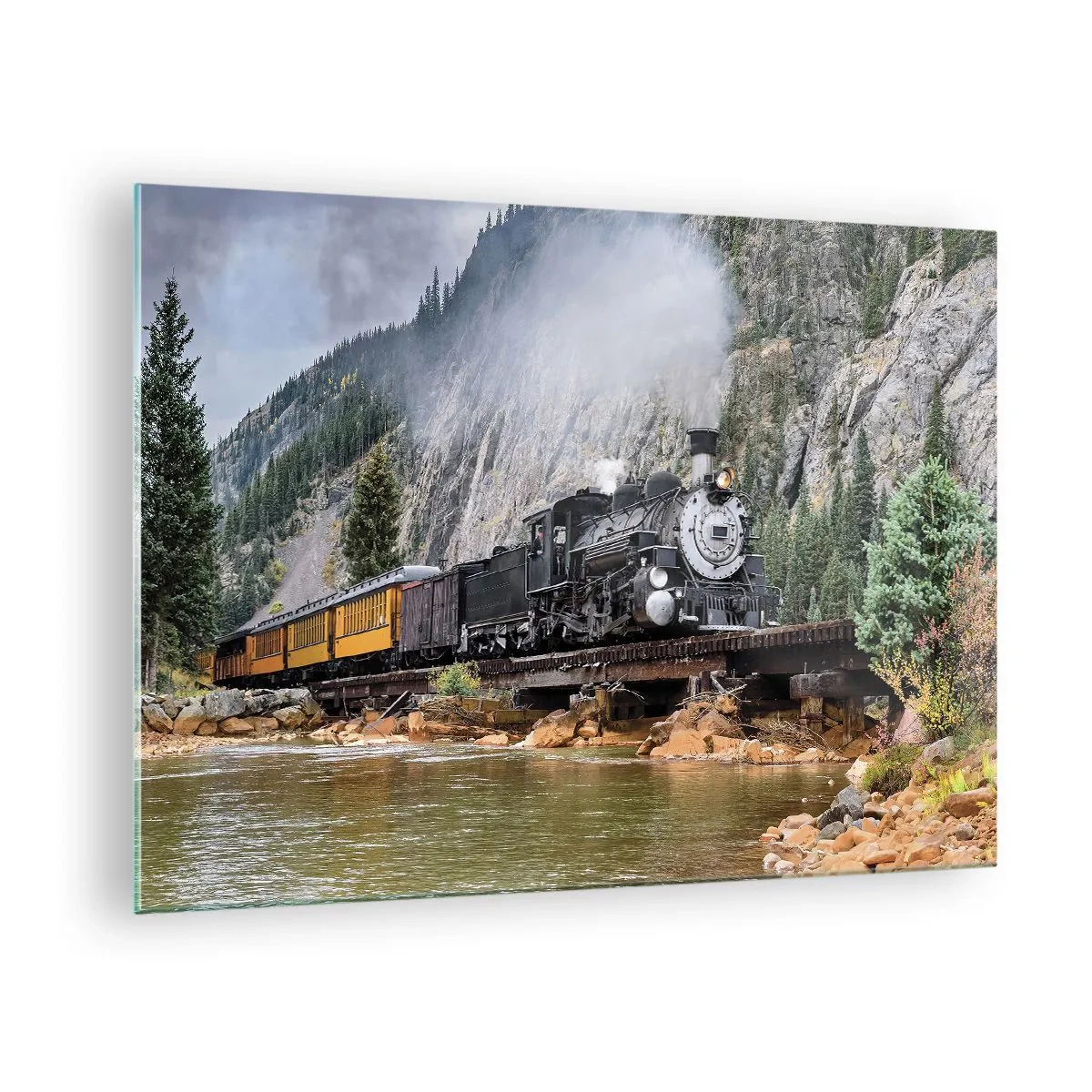 Cuadro sobre vidrio - Impresiones sobre Vidrio - Una locomotora de vapor en un puente en las montañas. - 70x50cm - ¿Adónde me llevas? - Decoración de pared moderna para salón y dormitorio ARTTOR