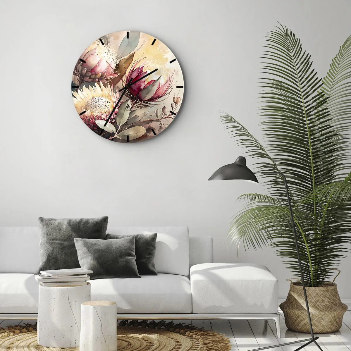 Reloj de pared - Reloj de vidrio - Flores artísticas de protea sobre un fondo claro - 30x30cm - De perfil y de frente - Decoración de pared moderna para salón, cocina y dormitorio ARTTOR