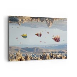 Cuadro sobre lienzo - Impresión de Imagen - Globos de colores sobre un paisaje rocoso. - 100x70cm - Aquí todo es posible - Decoración de pared moderna para salón y dormitorio ARTTOR