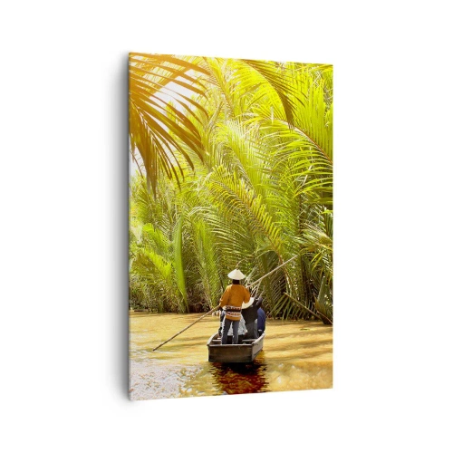 Cuadro sobre lienzo - Impresión de Imagen - Un barco en un río rodeado de vegetación tropical. - 80x120cm - En un túnel de palmeras - Decoración de pared moderna para salón y dormitorio ARTTOR