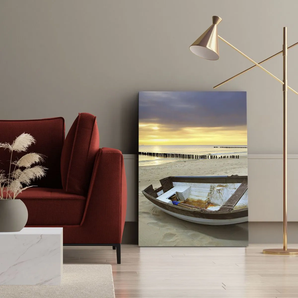 Cuadro sobre lienzo - Impresión de Imagen - Un barco en una playa de arena al atardecer. - 50x70cm - No hay playas más bonitas - Decoración de pared moderna para salón y dormitorio ARTTOR