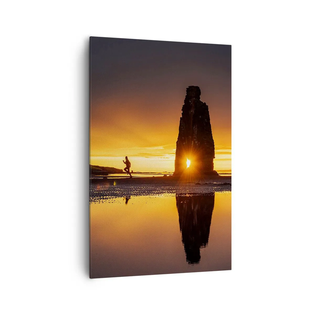 Cuadro sobre lienzo - Impresión de Imagen - Persona corriendo en la playa al atardecer con formación rocosa - 80x120cm - Solo tú y la naturaleza - Decoración de pared moderna para salón y dormitorio ARTTOR
