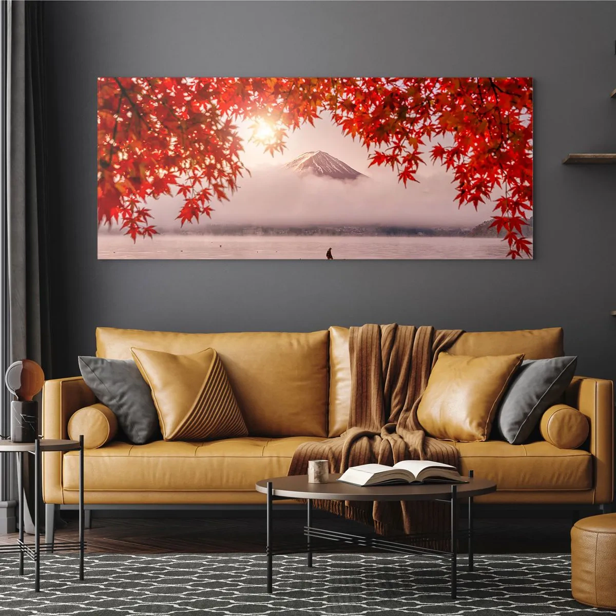 Cuadro sobre vidrio - Impresiones sobre Vidrio - Un barco en un lago rodeado de hojas de arce rojas. - 160x50cm - Estilo japonés - Decoración de pared moderna para salón y dormitorio ARTTOR