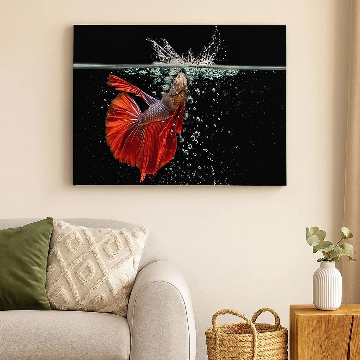 Cuadro sobre lienzo - Impresión de Imagen - Un magnífico betta en el agua sobre un fondo oscuro. - 70x50cm - Tienes tres deseos - Decoración de pared moderna para salón y dormitorio ARTTOR