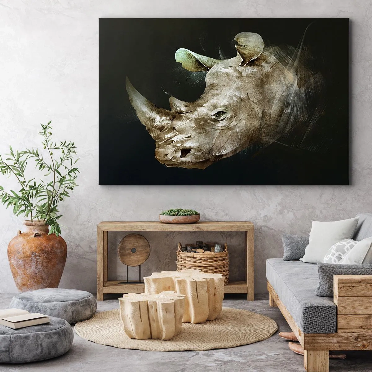 Cuadro sobre lienzo - Impresión de Imagen - Retrato de un rinoceronte en forma artística - 70x50cm - La verdadera fuerza - Decoración de pared moderna para salón y dormitorio ARTTOR