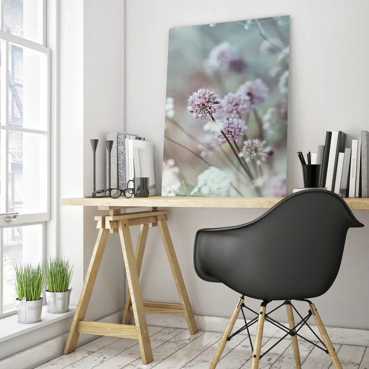 Cuadro sobre vidrio - Impresiones sobre Vidrio - Delicadas flores en tonos pastel. - 70x100cm - Dulces filigranas de hierbas - Decoración de pared moderna para salón y dormitorio ARTTOR