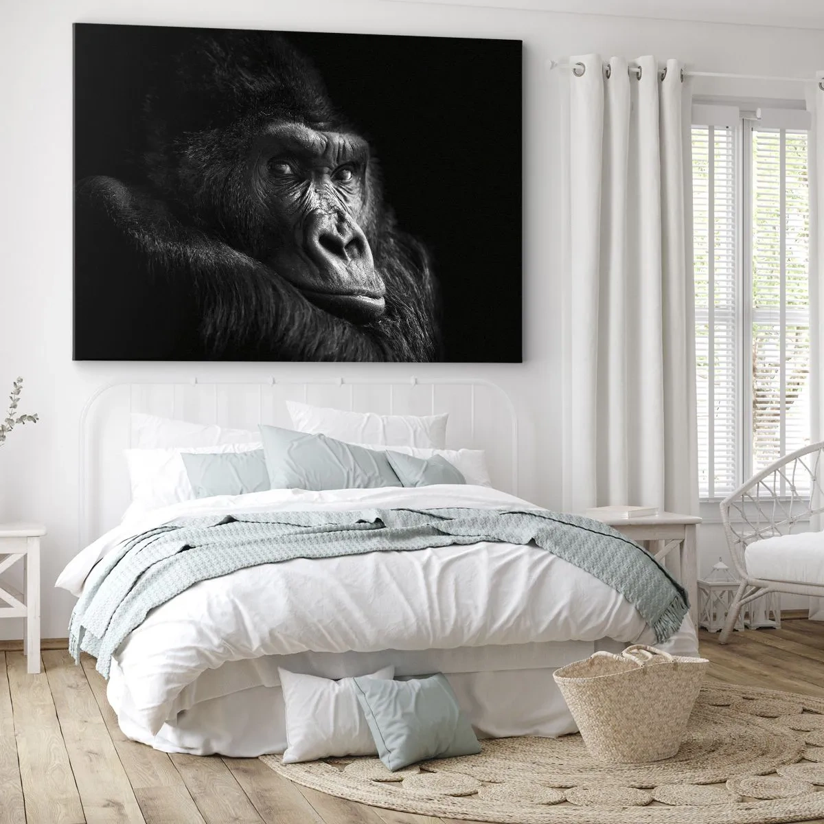 Cuadro sobre lienzo - Impresión de Imagen - Retrato en blanco y negro de un majestuoso gorila. - 70x50cm - ¿Y qué estás mirando? - Decoración de pared moderna para salón y dormitorio ARTTOR