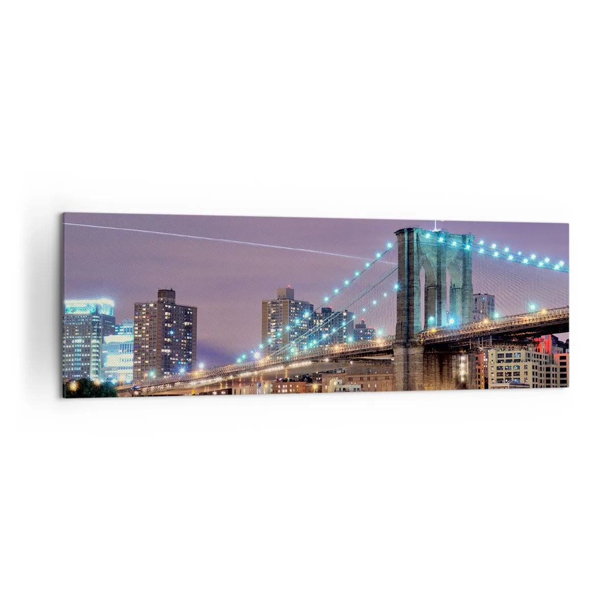 Cuadro sobre lienzo - Impresión de Imagen - Puente de Brooklyn de noche con la ciudad iluminada al fondo - 160x50cm - Durante muchos años, el puente de Brooklyn - Decoración de pared moderna para salón y dormitorio ARTTOR