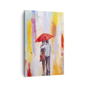 Cuadro sobre lienzo - Impresión de Imagen - Una pareja bajo un paraguas rojo con edificios coloridos al fondo. - 80x120cm - Que siga lloviendo - Decoración de pared moderna para salón y dormitorio ARTTOR