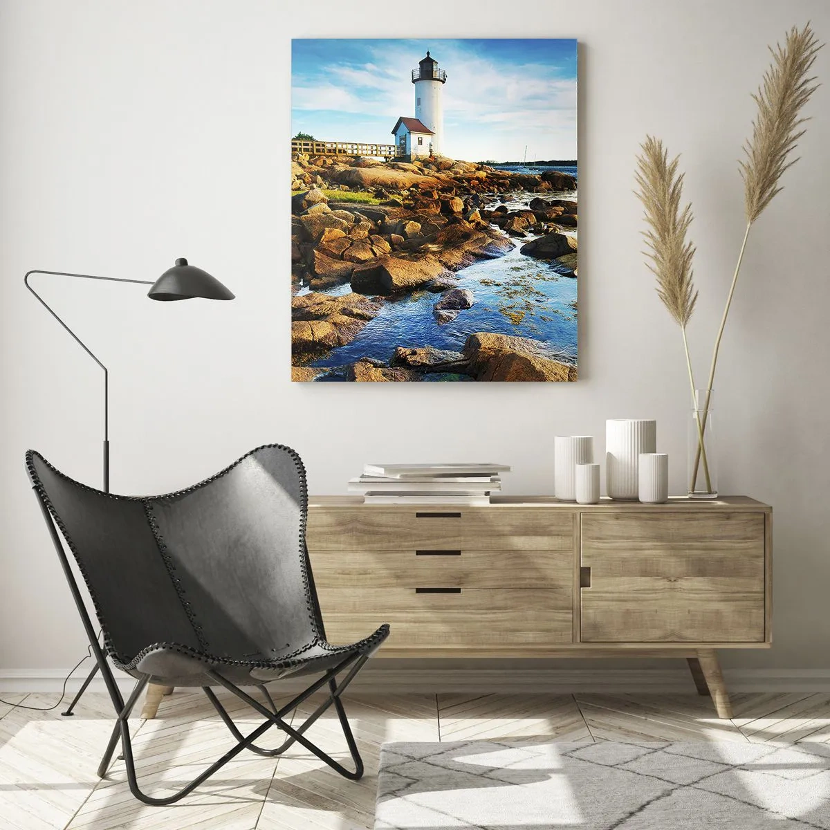 Cuadro sobre vidrio - Impresiones sobre Vidrio - Un faro en una costa rocosa en un día soleado. - 80x120cm - Esperando vuestro regreso - Decoración de pared moderna para salón y dormitorio ARTTOR