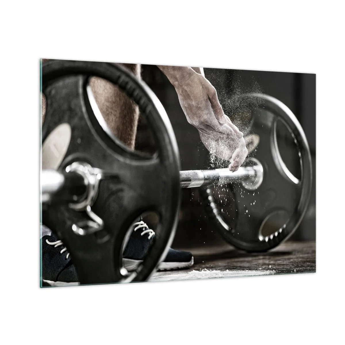 Cuadro sobre vidrio - Impresiones sobre Vidrio - Levantamiento de pesas con tiza en las manos y una barra - 100x70cm - ¡Reto aceptado! - Decoración de pared moderna para salón y dormitorio ARTTOR