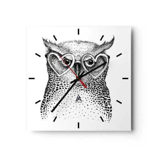 Reloj de pared - Reloj de vidrio - Gráfico elegante de un búho con gafas en forma de corazón. - 30x30cm - Con sabiduría y amor - Decoración de pared moderna para salón y dormitorio ARTTOR