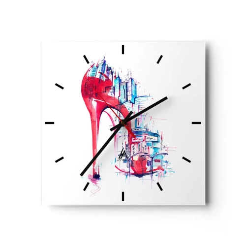 Reloj de pared - Reloj de vidrio - Tacón de aguja rojo abstracto con detalles urbanos - 30x30cm - Elegancia metropolitana - Decoración de pared moderna para salón y dormitorio ARTTOR