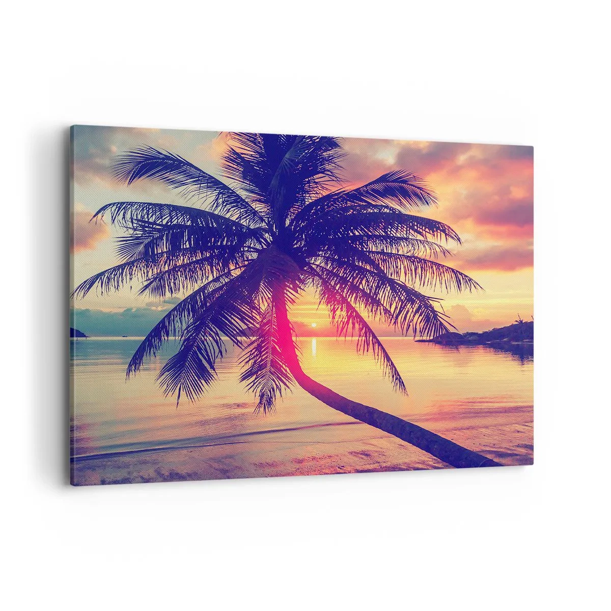 Cuadro sobre lienzo - Impresión de Imagen - Puesta de sol con una palmera sobre una orilla tranquila - 100x70cm - Atardecer bajo las palmeras - Decoración de pared moderna para salón y dormitorio ARTTOR