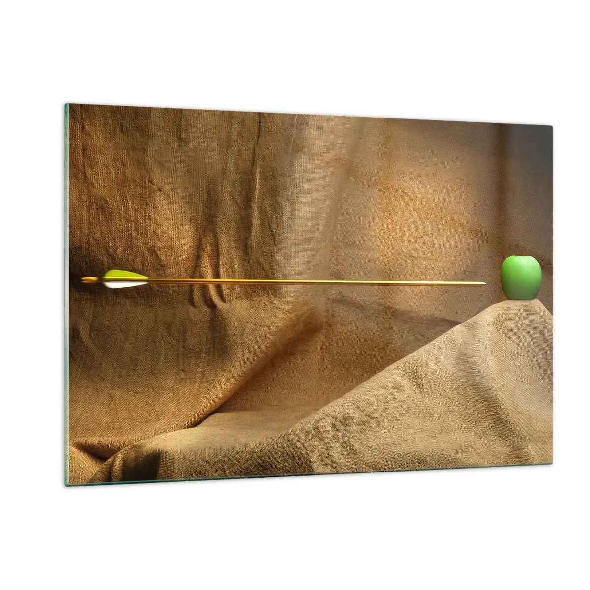 Cuadro sobre vidrio - Impresiones sobre Vidrio - Una manzana verde sobre un fondo beige con una flecha que la atraviesa. - 120x80cm - Evocar el espíritu de Wilhelm Tell - Decoración de pared moderna para salón y dormitorio ARTTOR