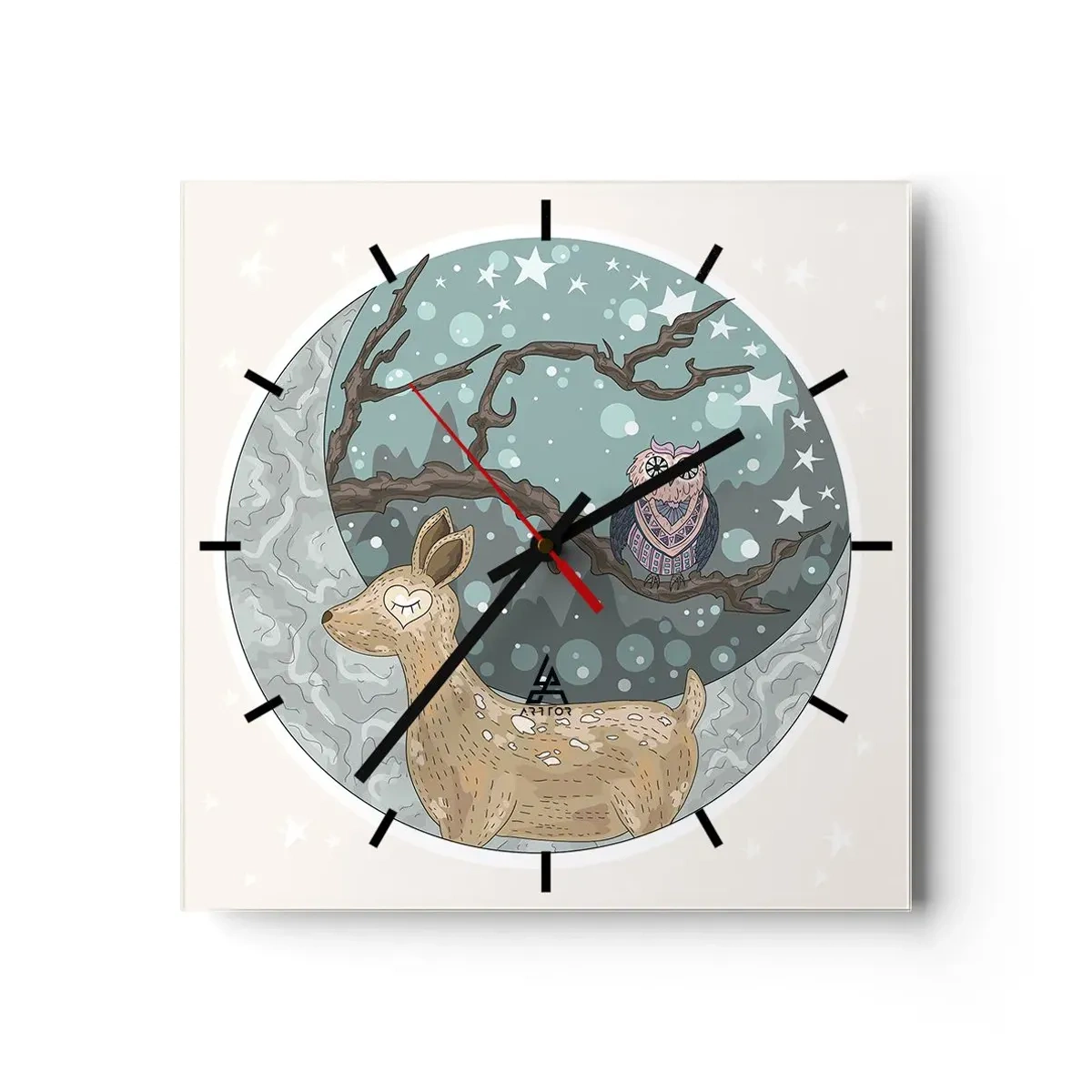 Reloj de pared - Reloj de vidrio - Un ciervo y un búho en un paisaje nocturno de cuento de hadas. - 30x30cm - Noche de bosque de cuento de hadas - Decoración de pared moderna para salón y dormitorio ARTTOR
