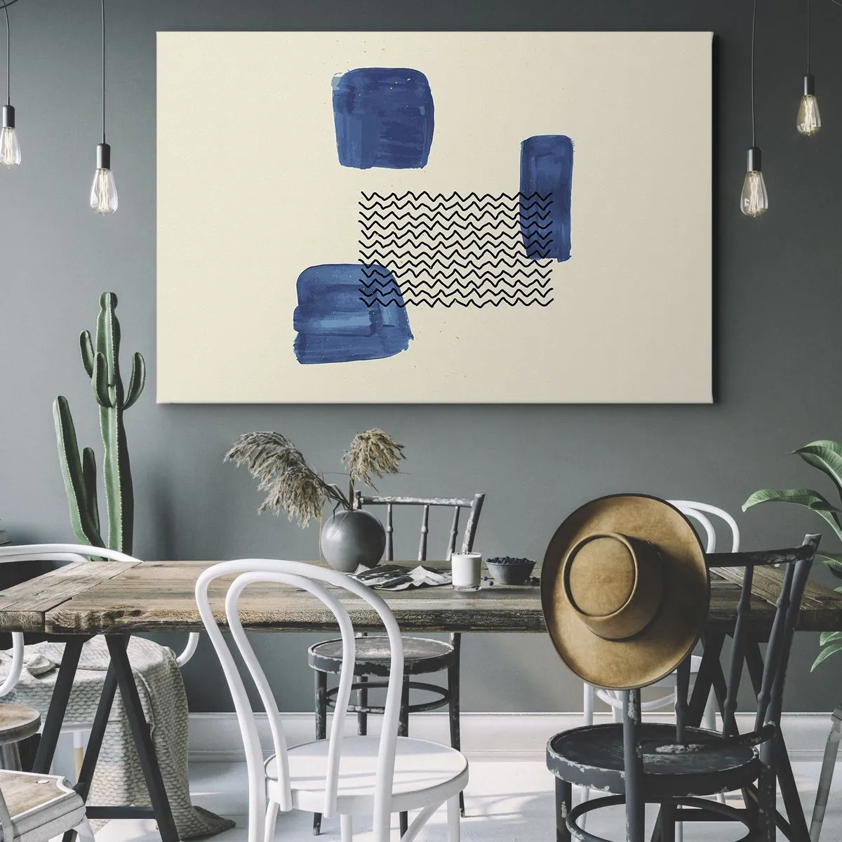 Cuadro sobre lienzo - Impresión de Imagen - Composición abstracta con manchas azules y líneas onduladas. - 70x50cm - Un cuarteto abstracto - Decoración de pared moderna para salón y dormitorio ARTTOR