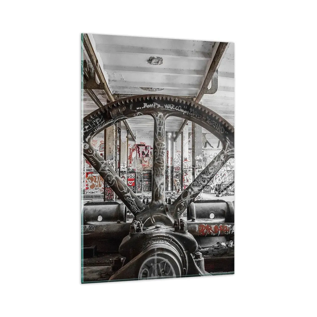 Cuadro sobre vidrio - Impresiones sobre Vidrio - Un antiguo mecanismo en un interior industrial abandonado. - 80x120cm - La vida secreta de una fábrica - Decoración de pared moderna para salón y dormitorio ARTTOR