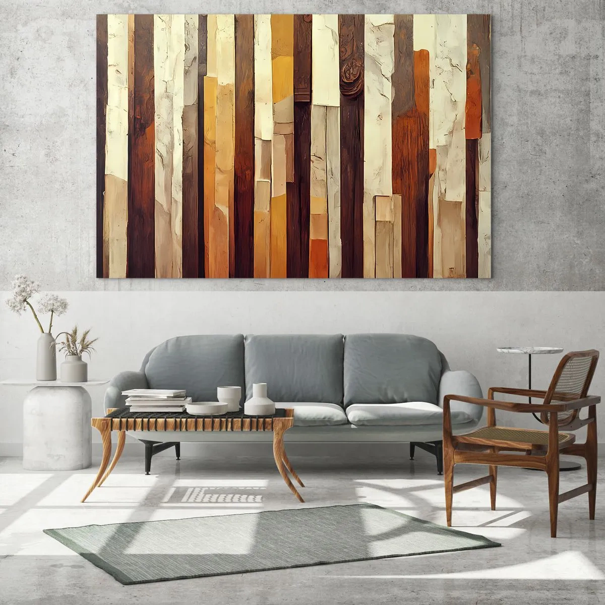 Cuadro sobre vidrio - Impresiones sobre Vidrio - Una composición de rayas verticales en tonos madera y beige. - 70x50cm - Himno de los árboles del bosque - Decoración de pared moderna para salón y dormitorio ARTTOR