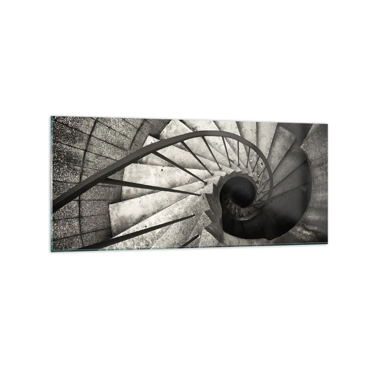 Cuadro sobre vidrio - Impresiones sobre Vidrio - Escalera de caracol en blanco y negro de estilo moderno. - 120x50cm - Escaleras arriba, escaleras abajo - Decoración de pared moderna para salón y dormitorio ARTTOR
