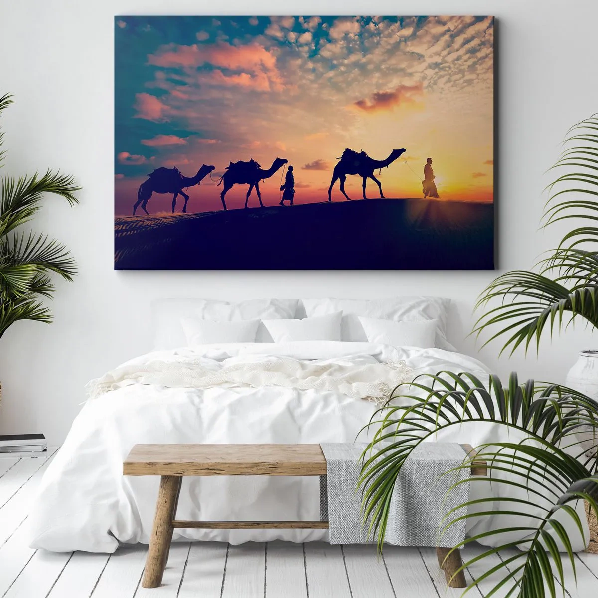 Cuadro sobre lienzo - Impresión de Imagen - Una caravana de camellos vagando por el desierto al atardecer - 70x50cm - El misterioso espíritu de Oriente - Decoración de pared moderna para salón y dormitorio ARTTOR