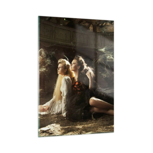 Cuadro sobre vidrio - Impresiones sobre Vidrio - Dos mujeres con un fénix ardiente en un entorno mágico - 50x70cm - Y hubo poesía - Decoración de pared moderna para salón y dormitorio ARTTOR