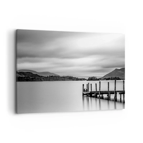 Cuadro sobre lienzo - Impresión de Imagen - Paisaje en blanco y negro con un muelle sobre un lago. - 100x70cm - Dulzura y la fuerza - Decoración de pared moderna para salón y dormitorio ARTTOR