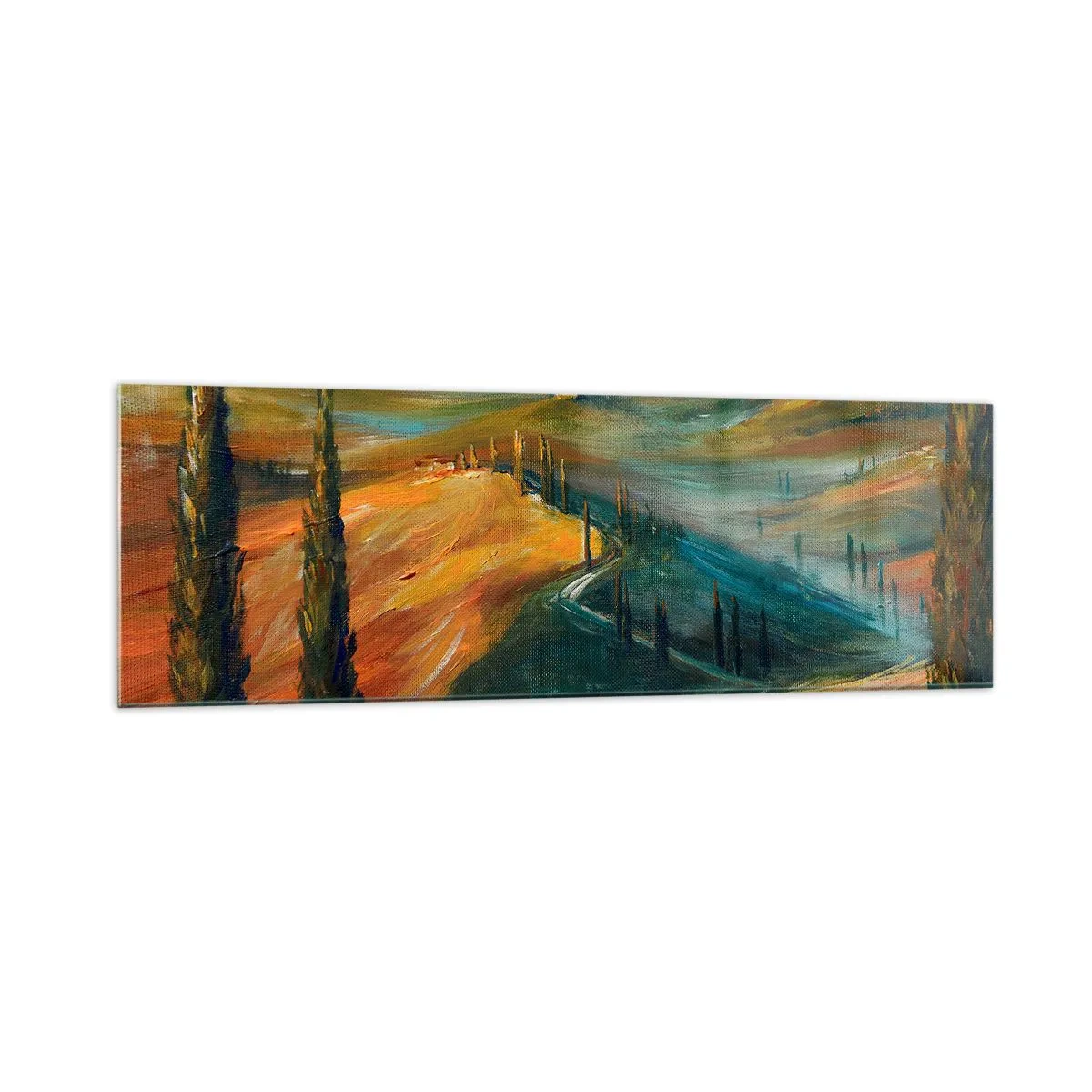Cuadro sobre vidrio - Impresiones sobre Vidrio - Paisaje toscano con campos, camino y cipreses. - 160x50cm - Paisaje toscano - Decoración de pared moderna para salón y dormitorio ARTTOR