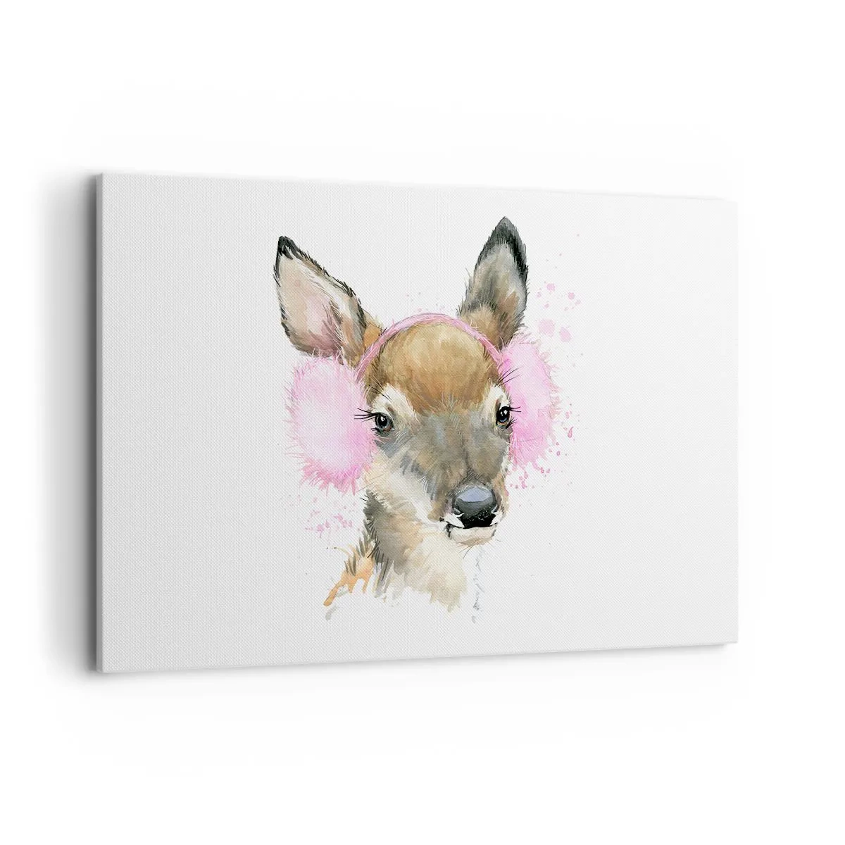 Cuadro sobre lienzo - Impresión de Imagen - Ciervo de acuarela con orejeras rosas - 120x80cm - Y el frío no te molestará más - Decoración de pared moderna para salón y dormitorio ARTTOR