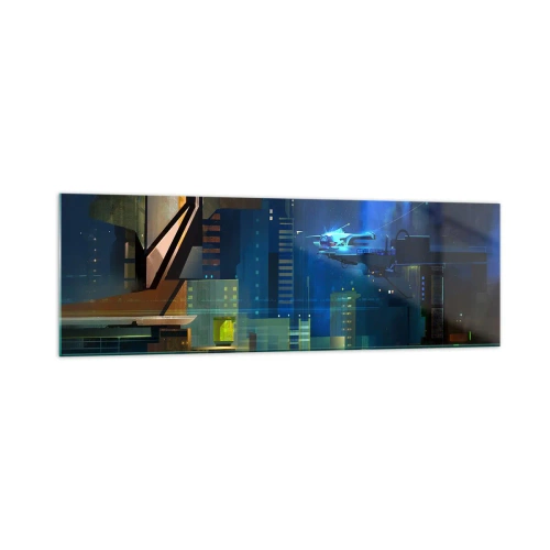 Cuadro sobre vidrio - Impresiones sobre Vidrio - Ciudad futurista de noche con luces de neón y un vehículo volador. - 160x50cm - En un futuro próximo - Decoración de pared moderna para salón y dormitorio ARTTOR