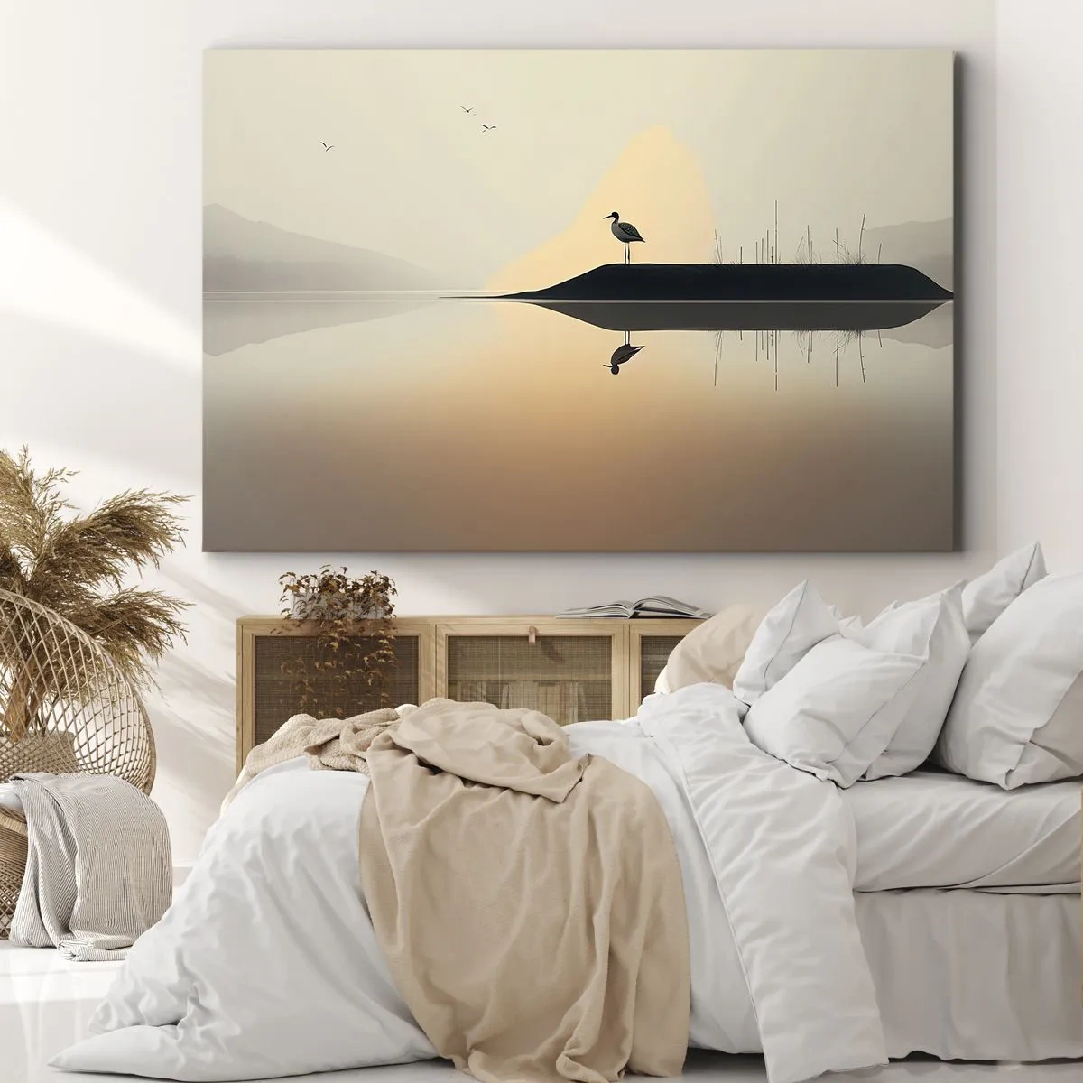 Cuadro sobre lienzo - Impresión de Imagen - Un pájaro en una isla en un lago tranquilo con tonos cálidos. - 70x50cm - Un caballero en el lago - Decoración de pared moderna para salón y dormitorio ARTTOR