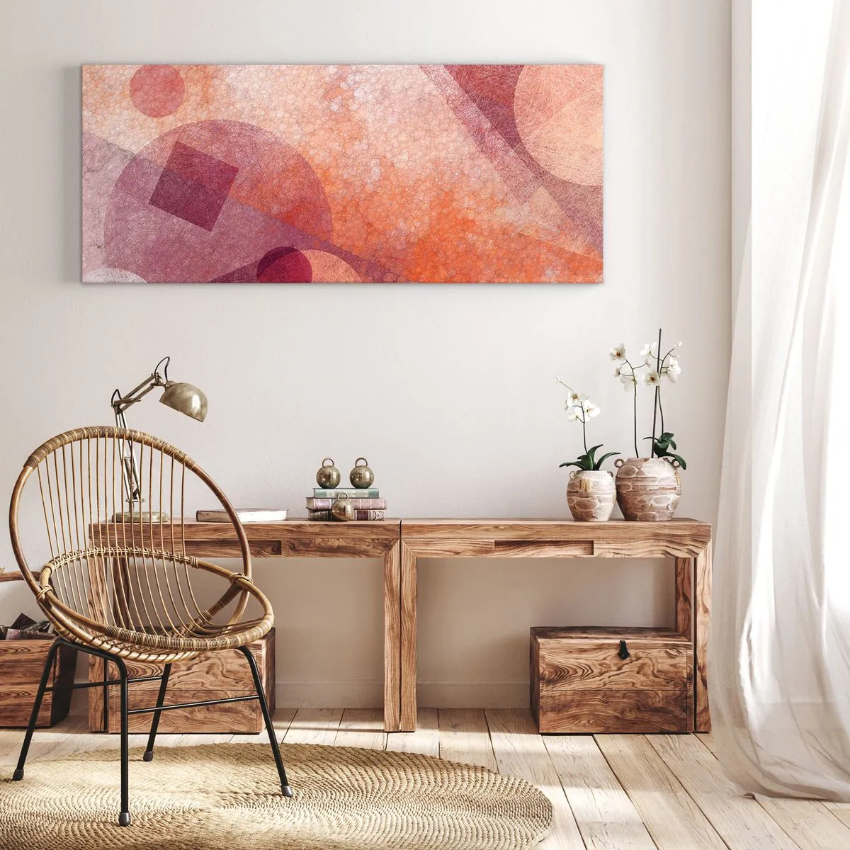 Cuadro sobre lienzo - Impresión de Imagen - Formas geométricas abstractas en tonos pastel de rosa. - 140x50cm - Transformaciones geométricas en rosa - Decoración de pared moderna para salón y dormitorio ARTTOR