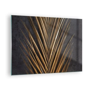 Cuadro sobre vidrio - Impresiones sobre Vidrio - Hoja de palma dorada sobre un fondo oscuro - 70x50cm - El oro de los trópicos - Decoración de pared moderna para salón y dormitorio ARTTOR