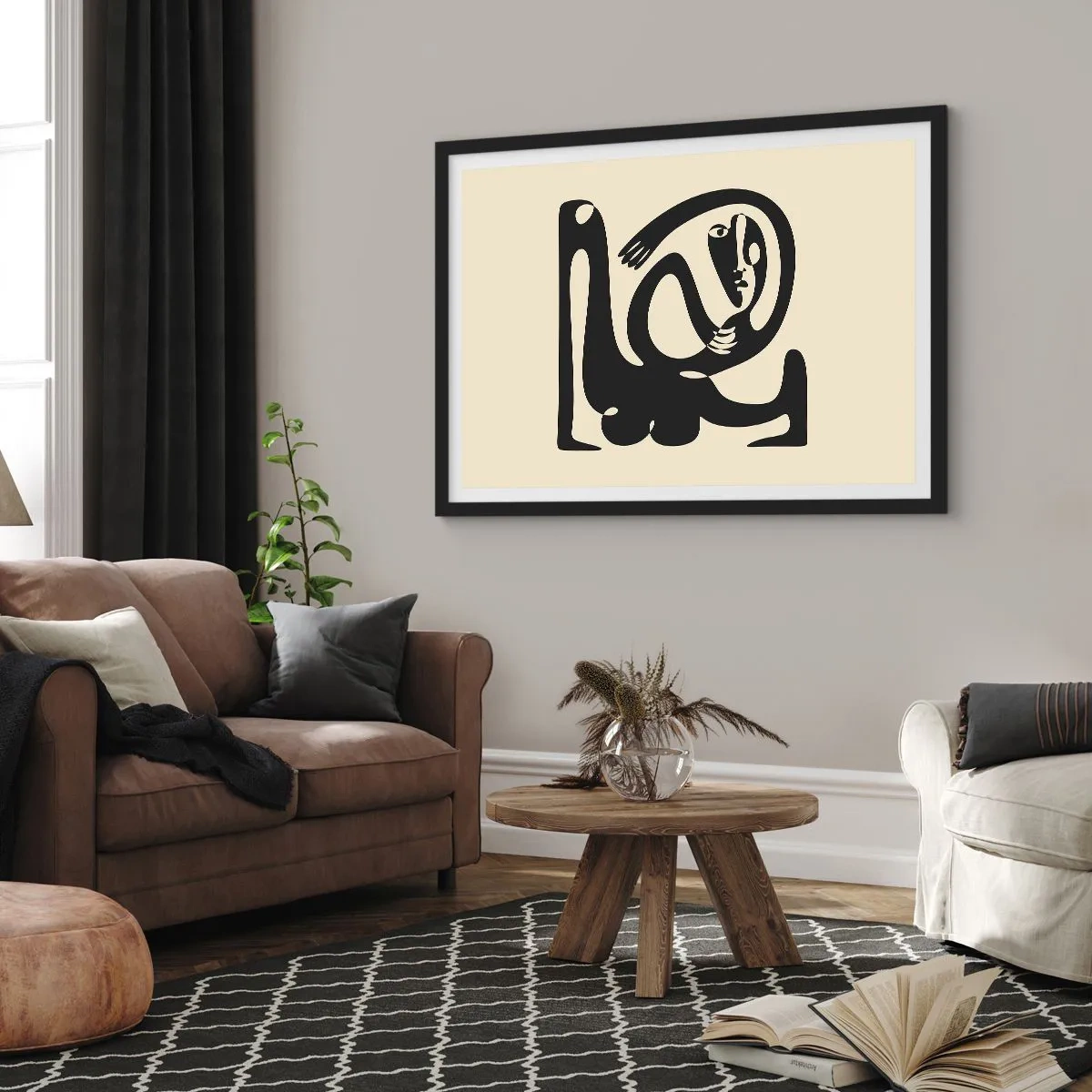 Póster en marco negro - Una figura abstracta en negro sobre un fondo beige. - 70x50cm - Casi Picasso - Decoración de pared moderna para salón y dormitorio ARTTOR