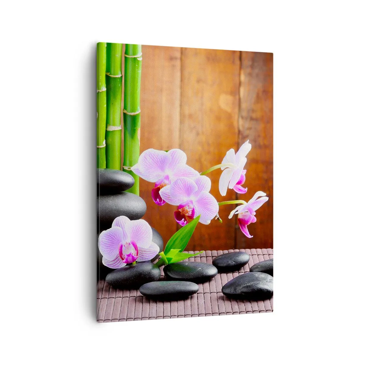 Cuadro sobre lienzo - Impresión de Imagen - Bambú de estilo zen, piedras y orquídeas rosas sobre un fondo de madera. - 50x70cm - Experimente los placeres de Oriente - Decoración de pared moderna para salón y dormitorio ARTTOR