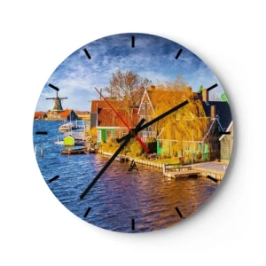 Reloj de pared - Reloj de vidrio - Paisaje holandés con un molino de viento y casas. - 30x30cm - Durante siglos, sin cambios - Decoración de pared moderna para salón, cocina y dormitorio ARTTOR