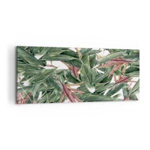 Cuadro sobre lienzo - Impresión de Imagen - Un motivo decorativo de hojas en tonos verdes y burdeos sobre un fondo claro. - 120x50cm - Naturaleza esmeralda y lila - Decoración de pared moderna para salón y dormitorio ARTTOR