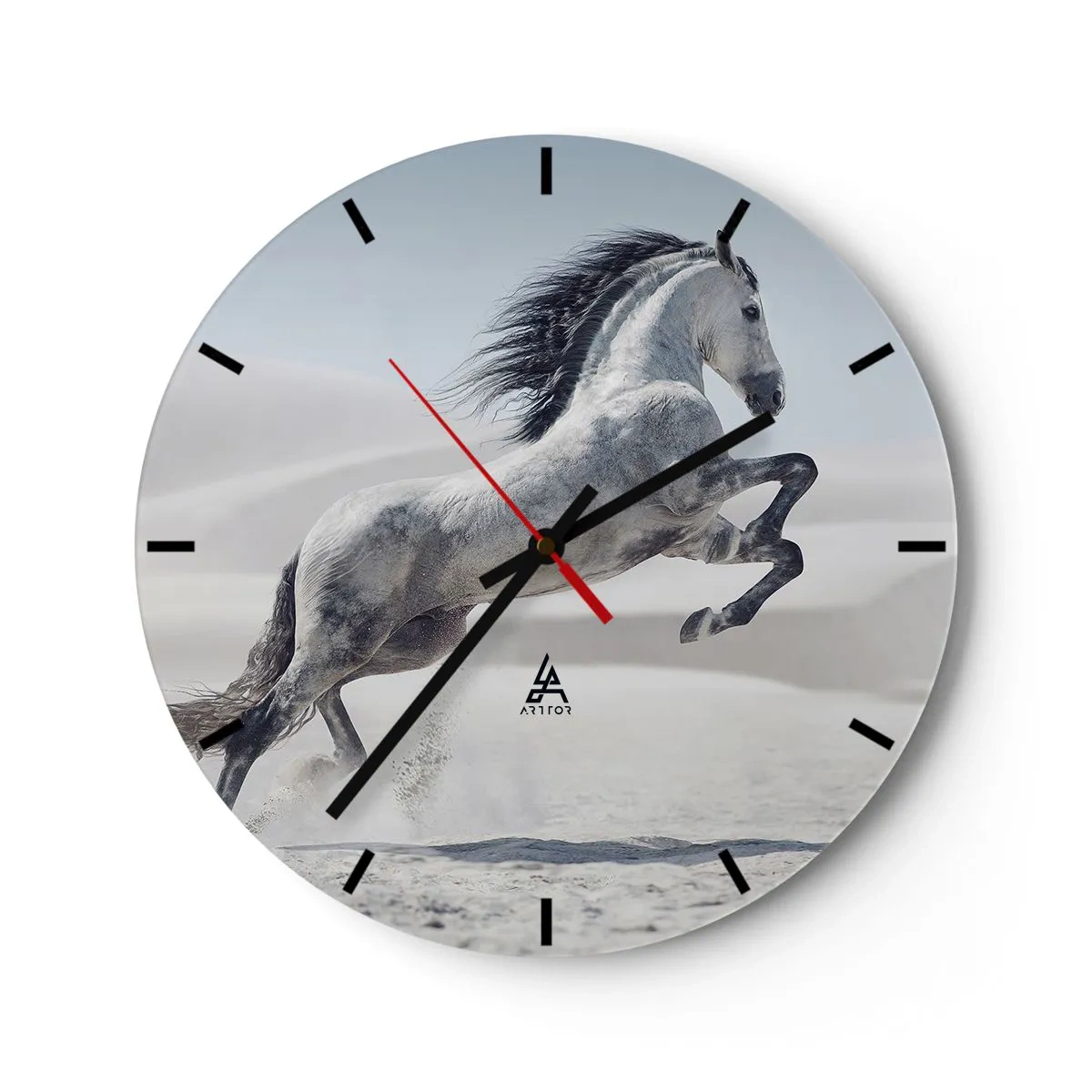 Reloj de pared - Reloj de vidrio - Un caballo árabe saltando contra un fondo desértico. - 30x30cm - Un príncipe árabe - Decoración de pared moderna para salón, cocina y dormitorio ARTTOR