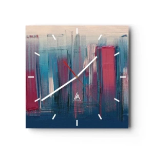 Reloj de pared - Reloj de vidrio - Formas verticales abstractas en tonos azules y rojos. - 30x30cm - Composición vertical en azul y rojo - Decoración de pared moderna para salón y dormitorio ARTTOR